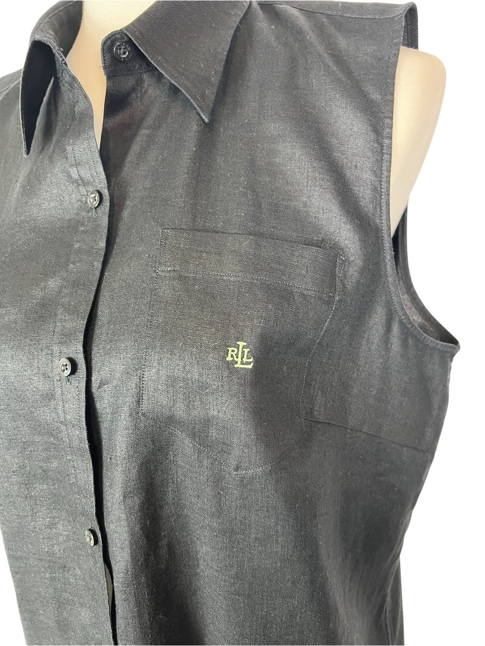 Lauren Ralph Lauren Black 100% Linen Sleeveless Button Front Shirt Size Large - Picture 6 of 9